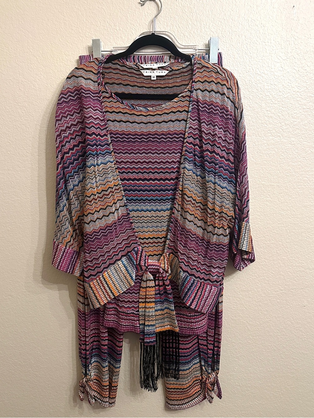 Trina Turk 3 Piece Chevron Knit Set Top Pants Shawl Multicolor Size M